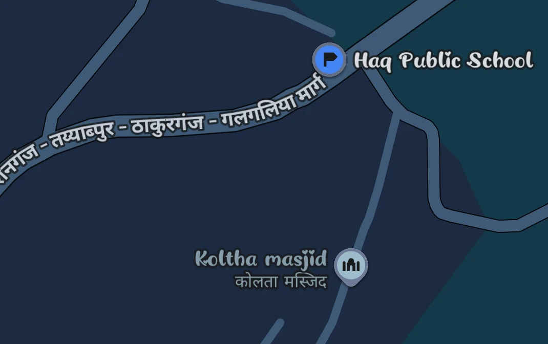 Map showing Haq Public School beside the road near Koltha masjid